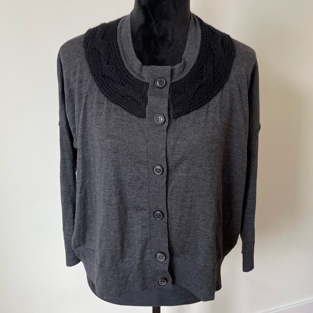 Piazza Sempione Gray Wool Button Front Wool Black Knit Neck Detail Cardigan 42